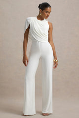 Opulence | White Jumpsuit With Cape Sleeve and Draped Details