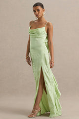 Maddie | Light Green Floral Print Satin Cowl-Neck Maxi Dress