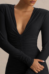 Jewel | Black Plunge-Neck Maxi Dress With Front Split and Ruched Detailing
