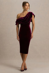 High End | Burgundy Velvet Asymmetric-Neck Midi Dress With Draped Detailing