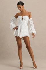 Mariella | White Broderie Bardot Ruffled Playsuit