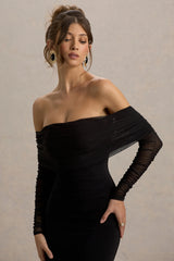 Madeleine | Black Fishtail Maxi Dress With Bardot Mesh Long Sleeves