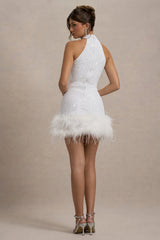 Lumi | White Sequin High-Neck Feather Trim Mini Dress