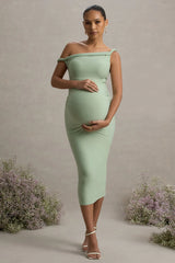 Salome | Light Green Twisted Asymmetric Maternity Midi Dress