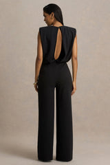 Tiff | Black Crew-Neck Jumpsuit With Draped Detailing
