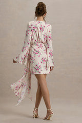 Goldie | Cream Floral Print Chiffon Long-Sleeve Wrap Mini Dress