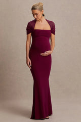 Dome | Burgundy Square-Neck Mesh-Sleeve Maternity Maxi Dress