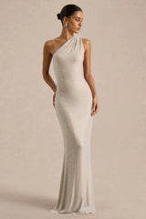 Deity | Silver Asymmetric-Neck Maxi Dress With Open-Back