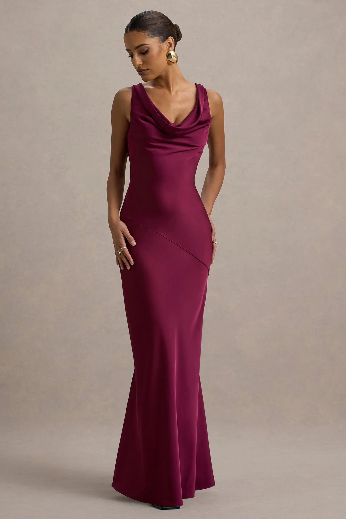 Alesso | Burgundy Satin Cowl-Neck Maxi Dress