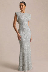 Aurah | Silver Sequin Crew-Neck Maxi Dress With Cap Sleeves