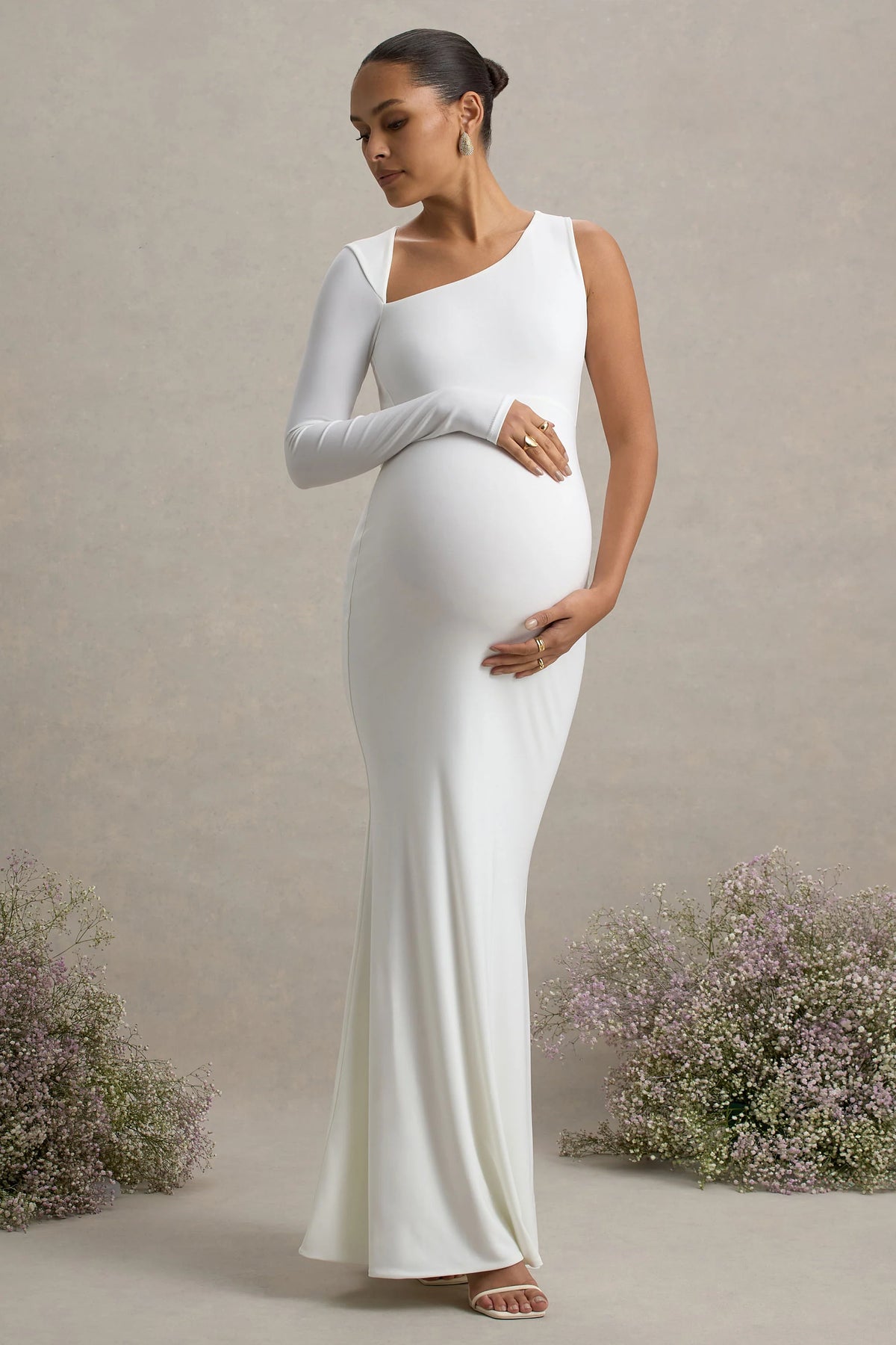 Oh Baby | White Maternity One Shoulder Bodycon Maxi Dress