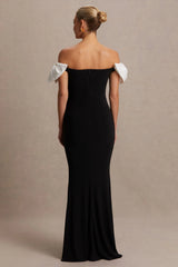 Didi | Black & White Bardot Bow Detail Maternity Maxi Dress