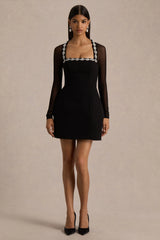Emmey | Black Crepe And Mesh Square-Neck Mini Dress