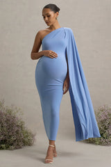 Amaryllis | Powder Blue Maternity One Shoulder Maxi Dress with Cape Sleeve