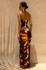 Nyra | Smoke Print Sweetheart Ruched Maxi Dress
