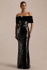 Bex | Black Sequin Bardot-Neck Maxi Dress
