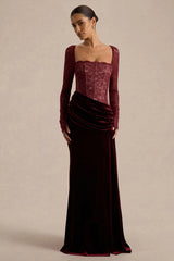 Finesse | Burgundy Lace And Velvet Square-Neck Maxi Dress With Draped Skirt