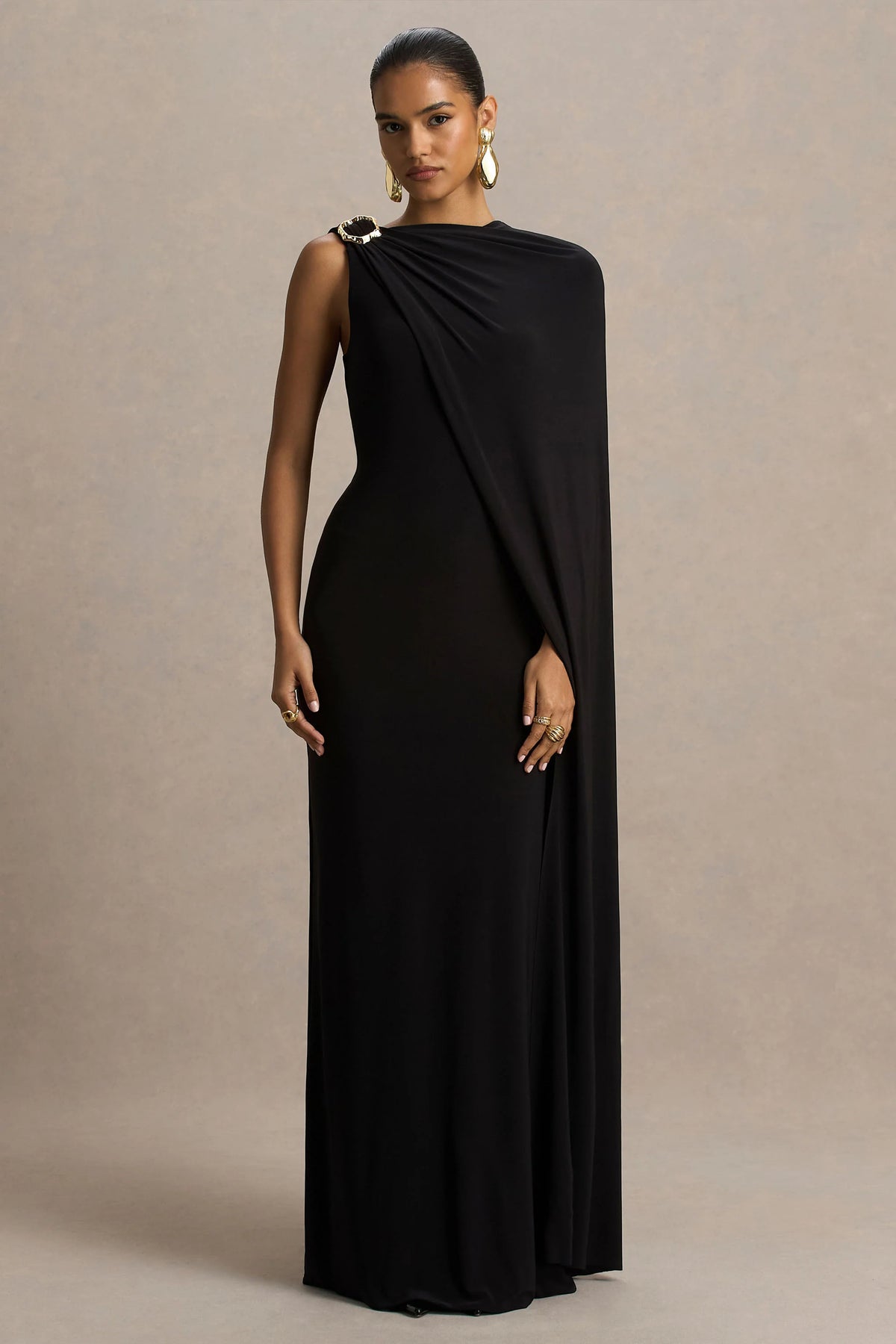 Cressida | Black Asymmetric-Neck Maxi Dress With Cape