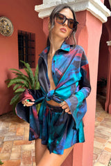 Marisela | Blue Print Satin Flared Sleeve Cropped  Shirt