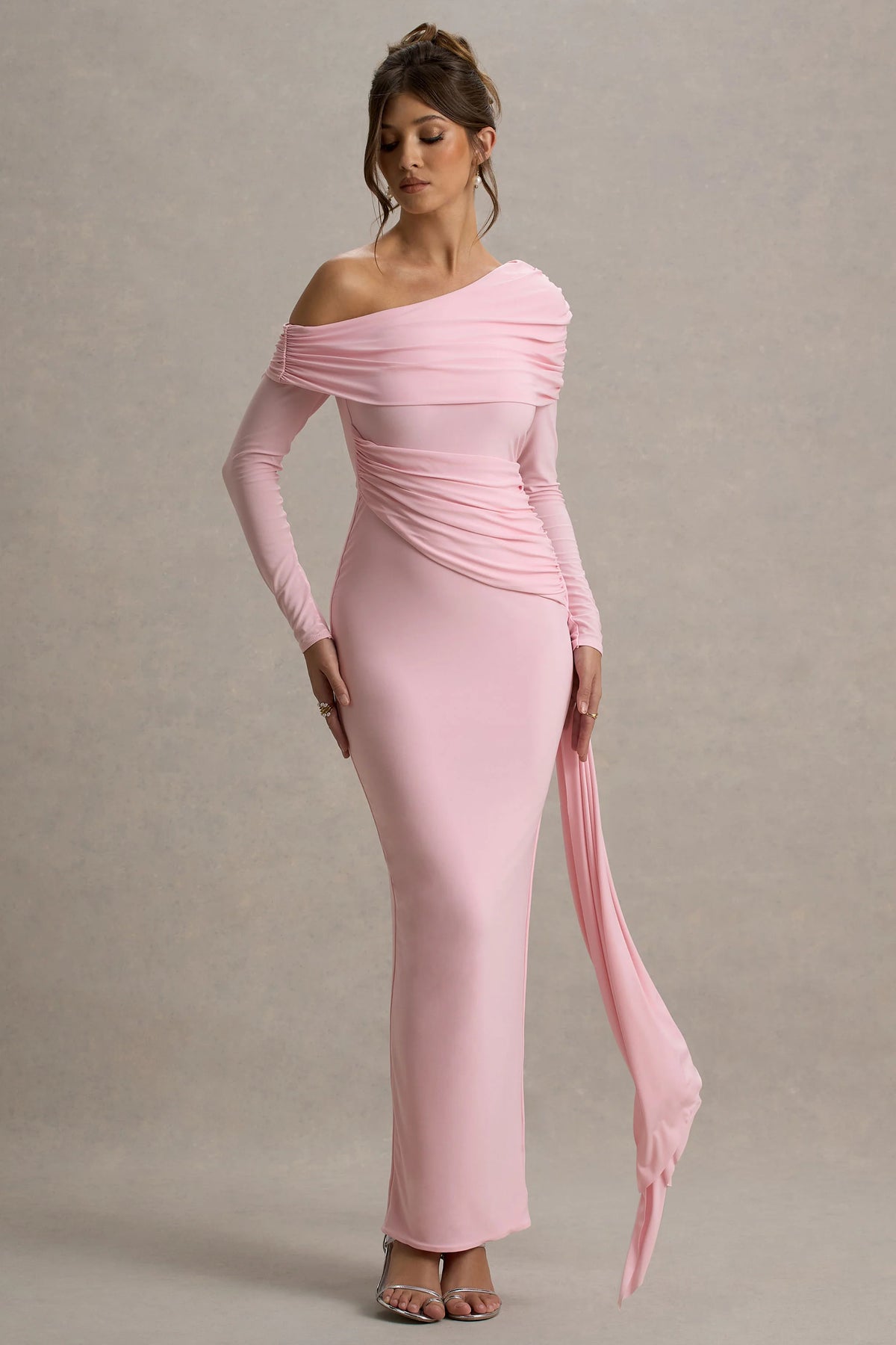 Valina | Pink Ruched Asymmetric Maxi Dress With Drape