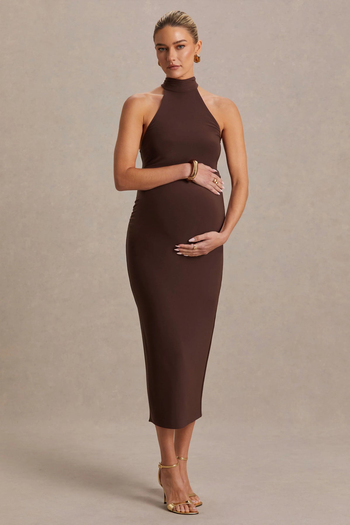 Mireille | Brown Halter-Neck Maternity Midi Dress