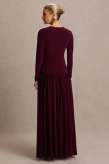 Monroe | Burgundy Crew-Neck Maternity Maxi Dress With Drop-Waist