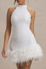 Lumi | White Sequin High-Neck Feather Trim Mini Dress