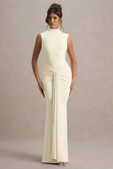 Graziana | Pale Lemon High-Neck Gathered Draped Maxi Dress