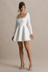 Astonish | White Long-Sleeve Embellished Mini Dress With Volume Skirt
