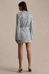 Carmina | Silver Sequin Plunge-Neck Wrap Mini Dress With Sash Detail