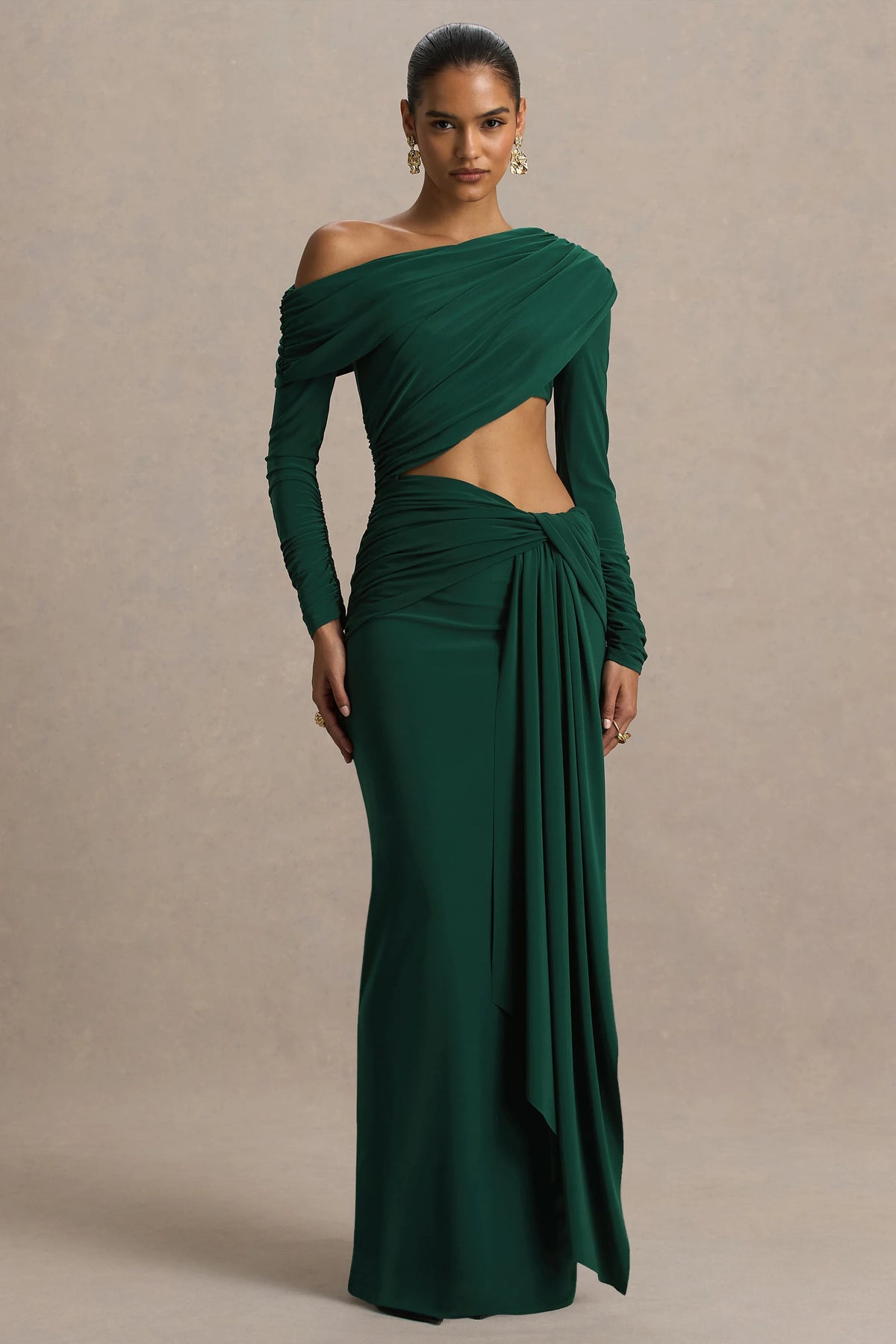 Mikayla | Dark Green Asymmetric-Neck Wrap Maxi Dress With Body Cut-Out And Ruched Detailing