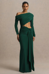 Mikayla | Dark Green Asymmetric-Neck Wrap Maxi Dress With Body Cut-Out And Ruched Detailing