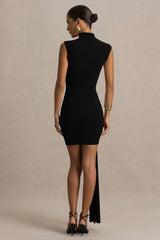 Sorenna | Black High-Neck Mini-Dress With Wrap And Sash Detail