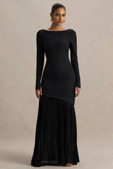 Yanira | Black Crepe And Georgette Boat-Neck Maxi Dress With Drop Waist