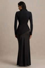 Pepita | Black High-Neck Tailored Maxi Dress With Drop-Waist And Satin Skirt