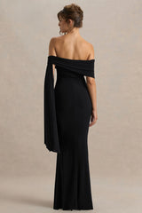 Saffina | Black Bardot-Neck Maxi Dress With Sash Detail