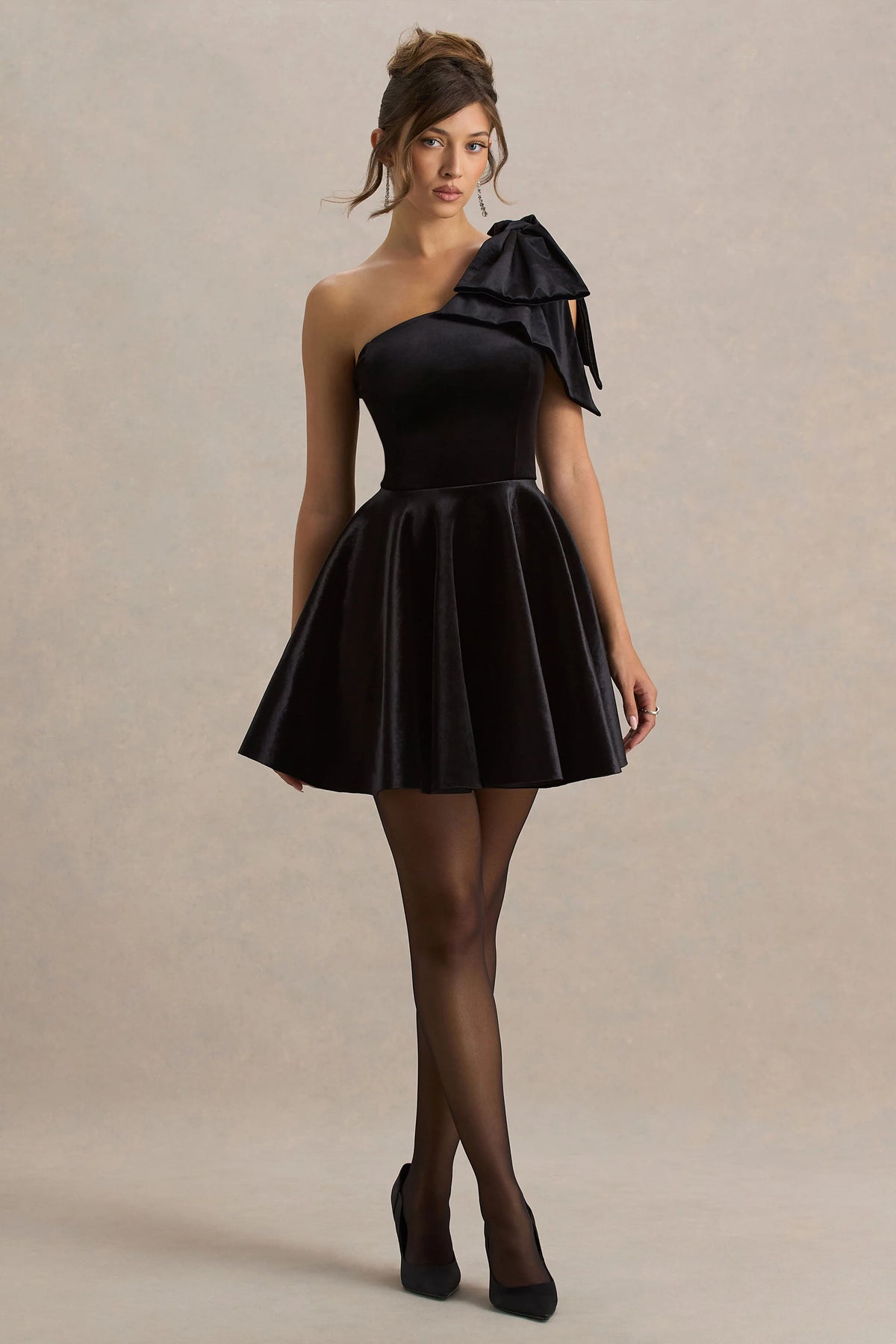 Keeley | Black Asymmetric-Neck Velvet Mini Dress With Bow Detail