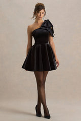 Keeley | Black Asymmetric-Neck Velvet Mini Dress With Bow Detail