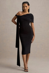 Vallea | Black One-Shoulder Draped Midi Dress
