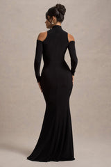 Catarina | Black Turtle-Neck Long-Sleeve Maxi Dress With Cold Shoulders