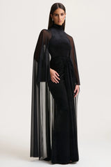 Adoring | Black Velvet High-Neck Maxi Dress With Cape