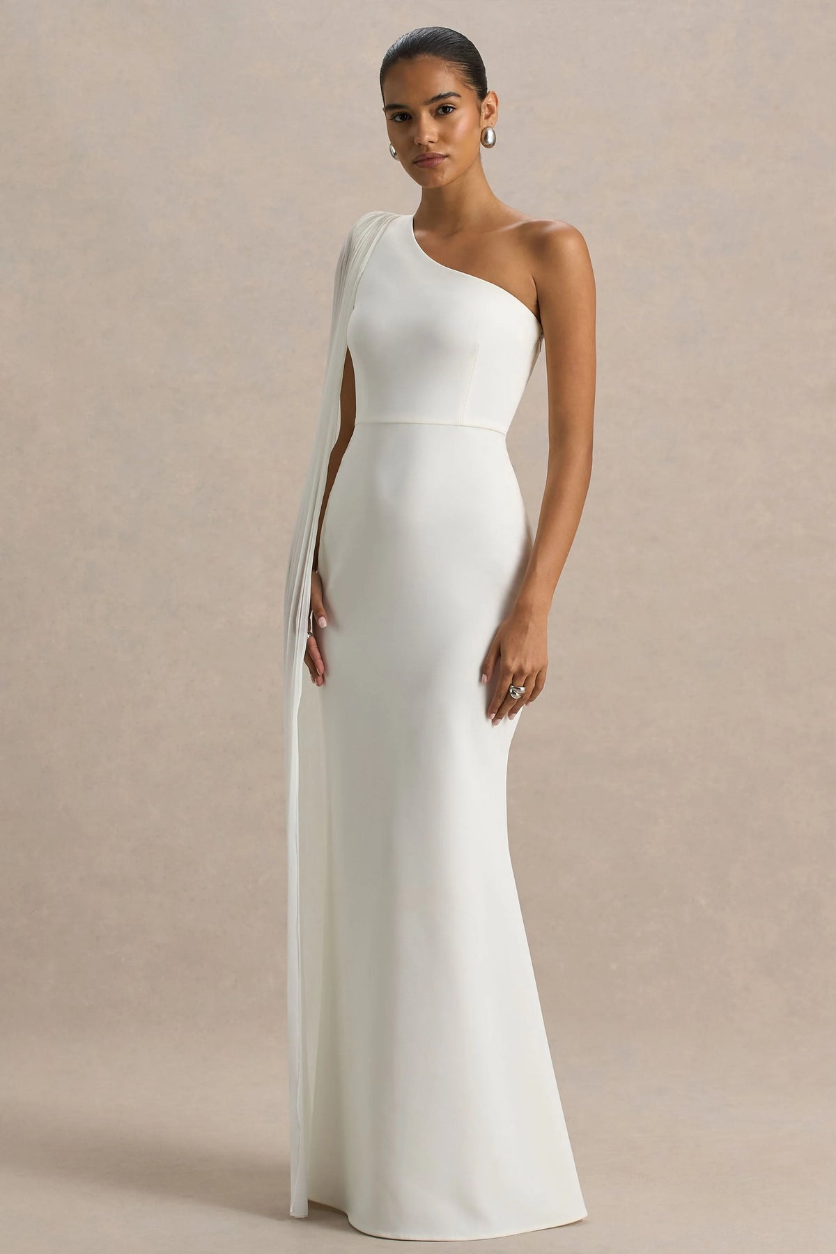 Athens | White Asymmetric-Neck Maxi Dress With Cape Sleeve Detail