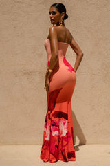 Ceremony | Pink Ombre Floral Print Bandeau Fishtail Maxi Dress