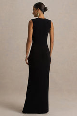 Alena | Black Extreme-Plunge Neck Maxi Dress With Gold Detail