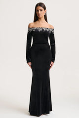Fern | Black Velvet Embellished Bardot-Neck Maxi Dress