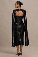 Adeline | Black Sequin Crew-Neck Midi Dress With Cape Sleeves