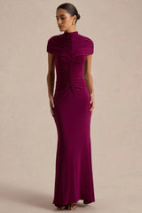 Azaria | Burgundy High-Neck Maxi Dress With Ruched Detailing