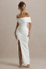 Eva | White Bardot Bow Detail Maxi Dress With Thigh Split