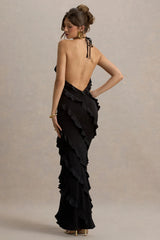 Full On | Black V-Neck Ruffle Maxi Dress