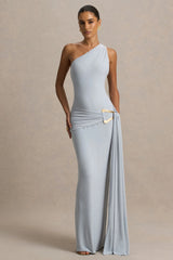 Bonnie | Blue Asymmetric-Neck Maxi Dress With Ruched-Detailing